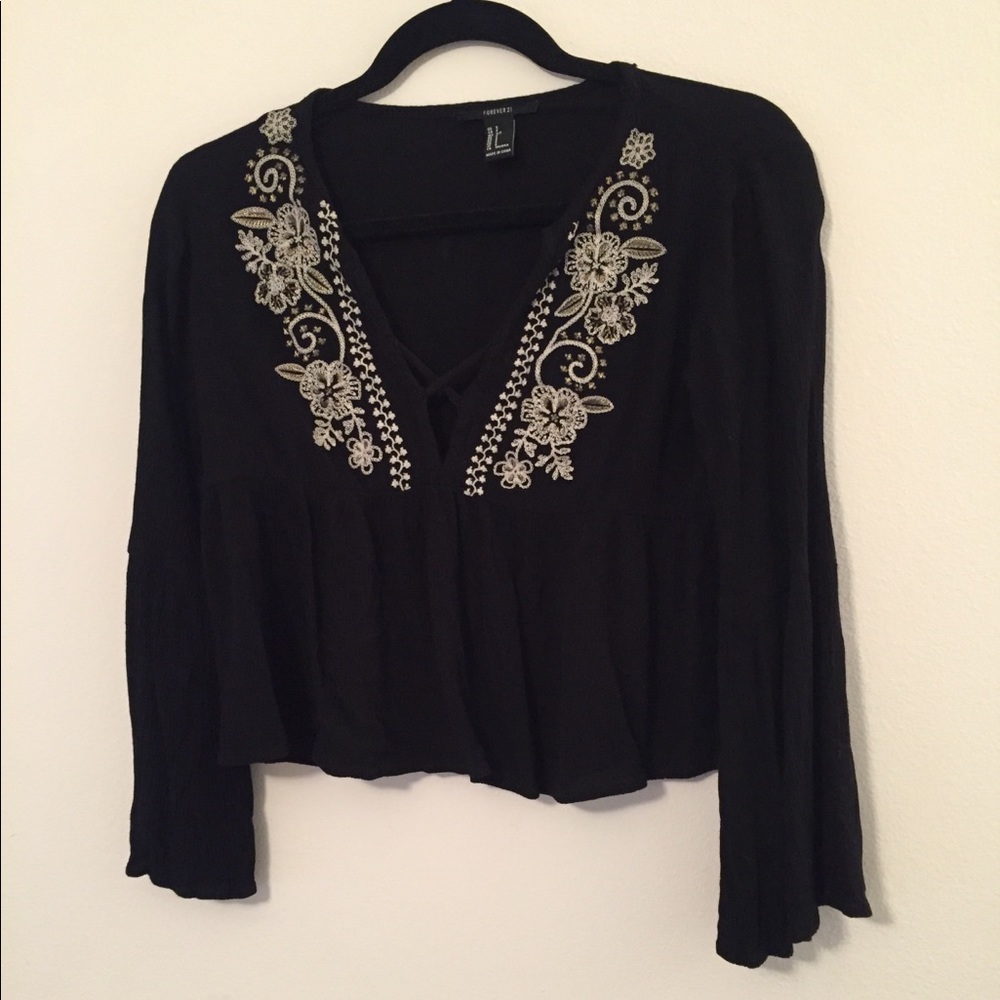 F21 embroidered bell sleeved top